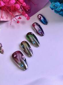 10pcs Almond Shaped Metallic Geometric 3D Abstract Art Full Cover Glossy Acrylic Reusable Nail Stickers Set, Medium Length, Includes Nail Glue And Brush, Ideal For Christmas, New Year Party, Wedding, Daily Wear, Great Gift - Navy Blue - View 6