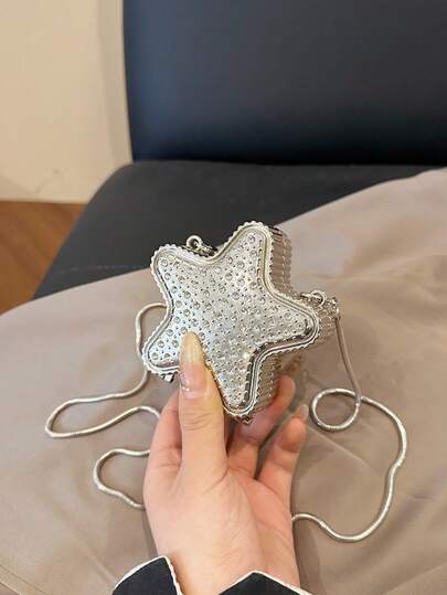 SHEIN BAE 1 chiếc ví mini kim loại mới, ví đựng tiền xu mạ bạc, túi xách hình ngôi sao năm cánh bằng kim loại sáng bóng kiểu dáng tương lai, túi đeo chéo hình ngôi sao, túi xách bất đối xứng, túi đựng phụ kiện, ví đựng tiền xu thanh lịch, hộp đựng tai nghe, quà cưới