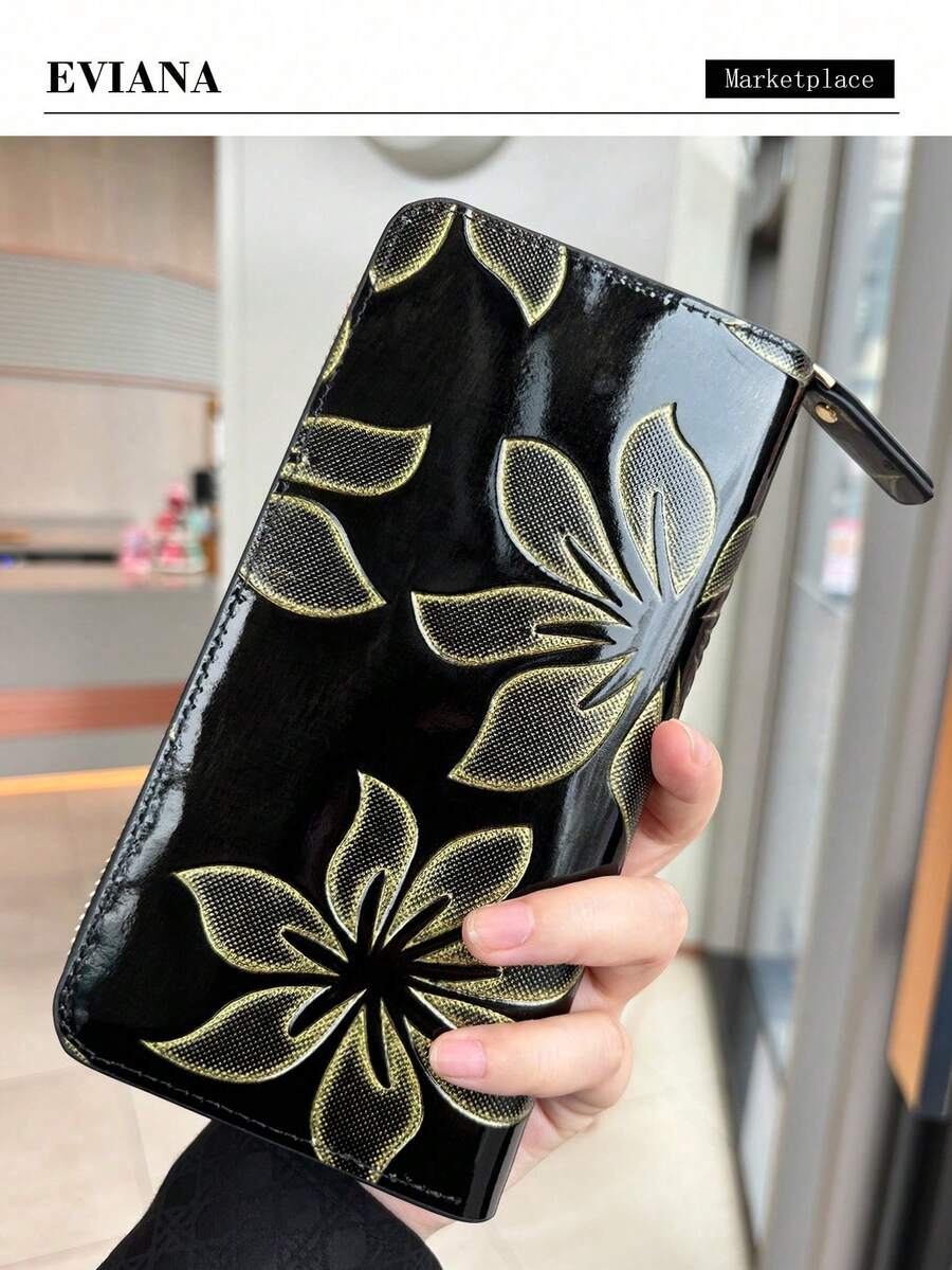 时尚高端复古压花长款女士钱包，优雅皮革雕花手拿包，带手机槽、多卡槽和零钱袋，可爱长款钱包，Fairycore - 黑色 - 查看 1