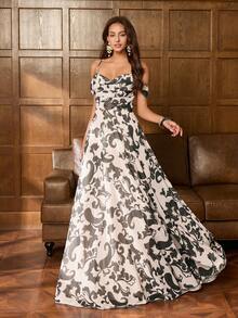Faeriesty Vestido maxi de hombros abiertos elegante para mujer: Vestido ajustado con estampado floral, espalda cruzada, tirantes de espagueti y volantes escalonados en el bajo, con tirantes ajustables - Perfecto para sesión de fotos nupcial, invitada de boda de jardín, celebración de aniversario, escapada romántica, fiestas formales de primavera en interiores, color negro - Negro - Ver 4