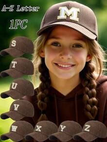 1顶加厚儿童嘻哈帽 A-Z 字母棒球帽 男女童可调节后扣帽 户外休闲遮阳帽 骨白色 9-14岁 - 咖色 - 查看 1