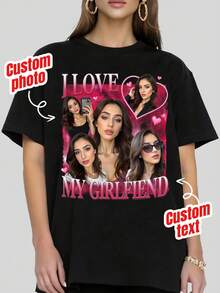 Customized Face T-Shirt, Customized Valentine's Day T-Shirt, Customized Retro Bootleg T-Shirt, Customized 90s Hip Hop T-Shirt, Customized Girlfriend T-Shirt, Personalized Photo Face Shirt, Customized Name & Image T-Shirt, Customized Face Shirt, Customized Single Party Shirt, Bride Shirt, Customized Gift, "I Love My Boyfriend" Personalized Face Valentine's Day Gift T-Shirt - Black - View 2