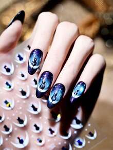 Beautizon Nailartlab Moonlit Black Cat 3D Nail Stickers, Holographic Cat On Crescent Moon Design, Starry Sky Nail Decals For Press-On Nails & Gothic Style Manicures - Multicolor - View 7