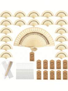 12pcs/3pcs Foldable Handheld Wooden Fan Gift Set, Including 3pcs/1pc Sunflower Wooden Fans, 3pcs/1pc Thank You Cards, 3pcs/1pc Tassels And 3pcs/1pc Organza Bags. These Sandalwood Hollow-Carved Handheld Fans Are Perfect For Weddings, Bridal Showers, Birthday Parties, Tea Parties, And Themed Parties. - Multicolor - View 1