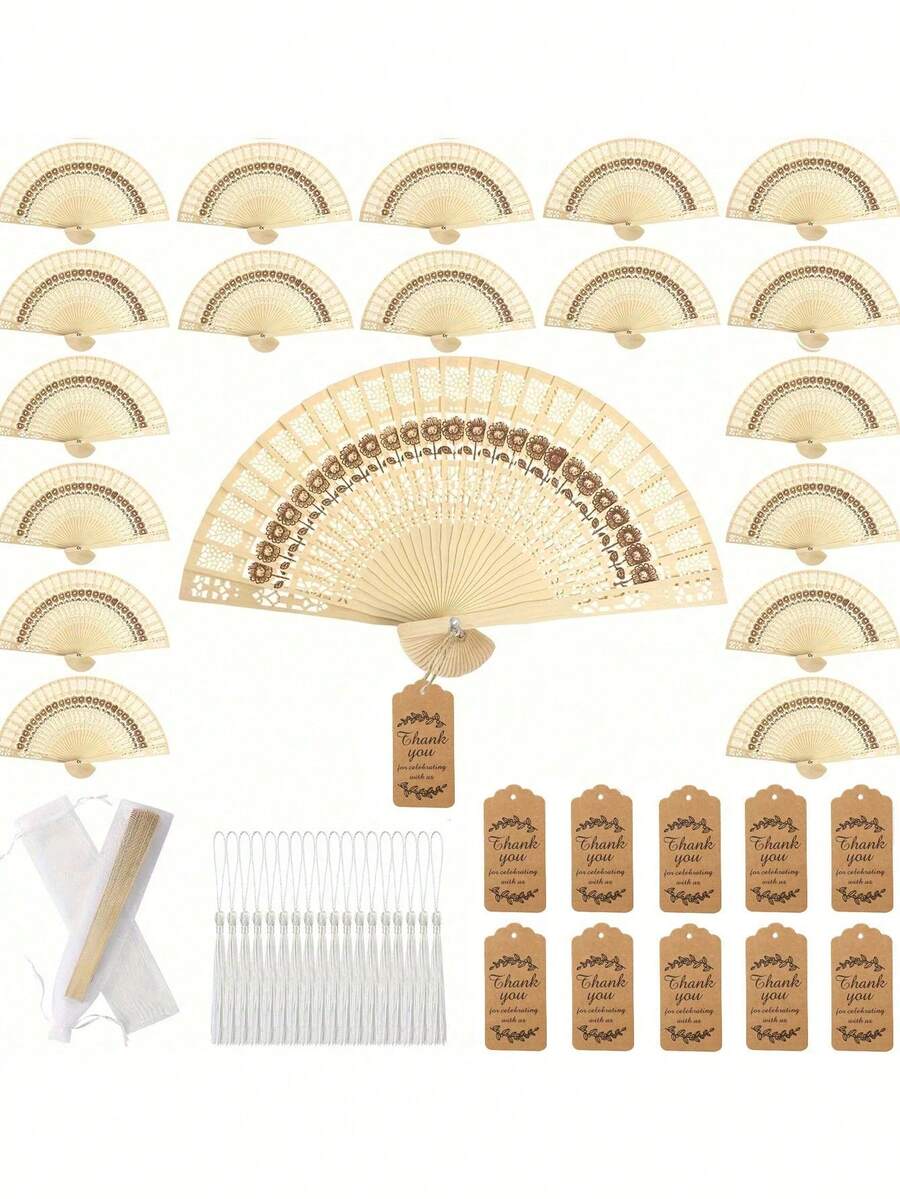 12pcs/3pcs Foldable Handheld Wooden Fan Gift Set, Including 3pcs/1pc Sunflower Wooden Fans, 3pcs/1pc Thank You Cards, 3pcs/1pc Tassels And 3pcs/1pc Organza Bags. These Sandalwood Hollow-Carved Handheld Fans Are Perfect For Weddings, Bridal Showers, Birthday Parties, Tea Parties, And Themed Parties. - Multicolor - View 1