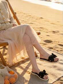 女士平底凉鞋，新款夏季蝴蝶结设计，优雅女士凉鞋，休闲舒适，时尚简约，柔软轻便，适合海滩、旅行、婚礼、派对、户外活动等场合，黑色 - 黑色 - 查看 9