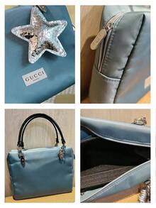 Gucci 1个带手柄和星星吊坠的缎面旅行化妆包，便携式化妆品收纳手提包，女士蓝色缎面旅行化妆包，带手柄和星星吊坠，可轻松收纳口红/钥匙/化妆品/卡包，便携式化妆品收纳包 - 淺藍色 - 查看 7