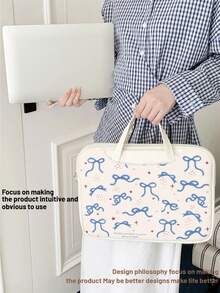 1 件装，蓝色星形蝴蝶结笔记本电脑手提包，轻便时尚，适用于 16 英寸/15 英寸/14 英寸笔记本电脑，PU 皮革防水加厚防震笔记本电脑包，大学生出行必备 - 白色 - 查看 4