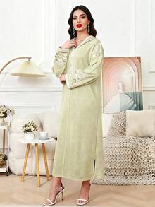 2026 New Style Ramadan Traditional Elegant Embroidered V-Neck Long Sleeve Dress For Women - Green - View 10