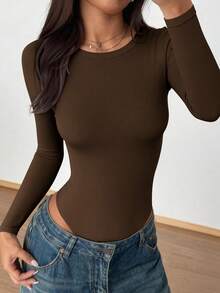 Women Spring Bodysuits For Long Sleeve Shirts Fitted Basic Ribbed Layering Bodys Tops Fall Fashion Winter Clothes Brown Vacation Rompers Outfits For Women - Brown - View 6