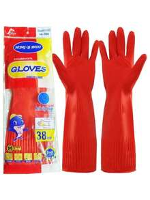 Guantes de goma rojos impermeables, guantes de látex largos para lavar platos y uso en la cocina - Rojo - Ver 21