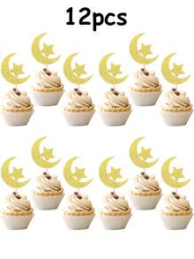 12/24 pièces Décorations de gâteau en forme d'étoiles et de lune, convenant pour les mariages, les anniversaires et autres célébrations. Décorations de crème, décor de fête islamique, fournitures de célébration des fêtes, outils de décoration de gâteau en métal brillant - étoiles lune - Voir 10
