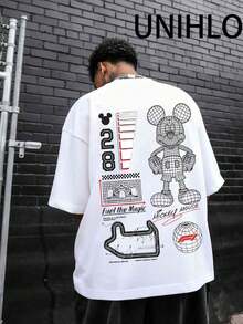 Disney UNIHLO  Street Life Men's Casual Loose  Mickey  Cartoon  Print Short Sleeve T-ShirtSummer - 白色 - 查看 2