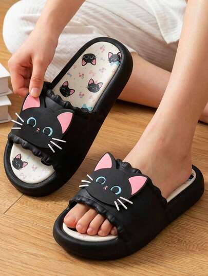 Cute Cartoon Black Cat Soft Bottom Slippers, Adorable Indoor/Outdoor, Home, Bathroom, Beach, Casual, Lightweight, Personality, All Season Sandals