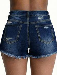 Plus Size Women's Distressed Denim Shorts, Straight Leg Mini Style, Suitable For Summer Wear With Ripped Details Casual - Blue - View 2