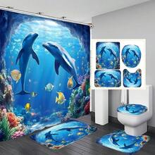 1pc/3pcs/4pcs Underwater World Dolphin Multifunctional Bathroom Decor Shower Curtain Set, Free 12 Hooks Included, Elegant Holiday Atmosphere, Bathroom Mat, U-Shaped Floor Mat And Round Toilet Mat, Suitable For All Scenarios Bathroom Set - Multicolor - View 1
