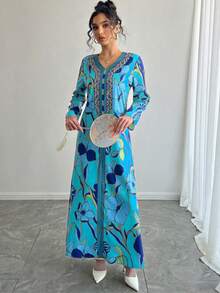 1pc Women's V-Neck Long Sleeve Casual Everyday Dress, Elegant Ditsy Floral Dress, New Arabic Style Dress, Beautiful Dress Suitable For Parties, Galas, Holidays, Ramadan, Great Gift For Mom And Daughter - Blue - View 5