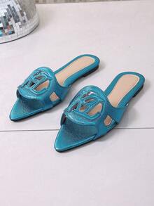 新款春夏时尚品牌 H Style 女士拖鞋，休闲系带罗马凉鞋，舒适穆勒凉鞋，黑色、米色、棕色可选，平底，压纹，沙漠钥匙图案，法式优雅水钻厚底坡跟凉鞋，沙滩鞋，简约室内/室外拖鞋，鳄鱼纹金属装饰平底凉鞋 - 藏蓝色 - 查看 8