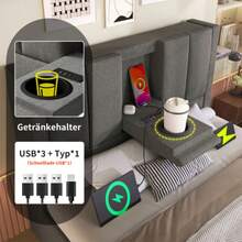 Polsterbett 90x200 Cm Einzelbett Mit Verstecktem Becherhalter & Ladestation, Hydraulisches Bett Mit Stauraum Unter Dem Bett, Inkl. Lattenrost, Leinen Grau(Mit Matratze) - Grey - View 2