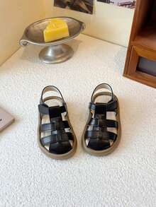 1双夏季新款儿童露趾凉鞋，男女童软底防滑编织罗马鞋，百搭时尚幼儿平底鞋 - 黑色 - 查看 5