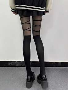 1件复古甜美蝴蝶结交叉绑带连裤袜 - 黑色 - 查看 3