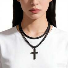 男士项链手链套装，不锈钢黑色十字架项链长60厘米，手链长21厘米，情人节和父亲节礼物 - 黑色2件套裝款式4 - 查看 2