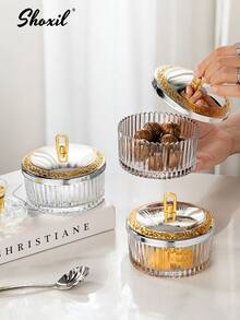 shoxil 1pc Striped Glass Bowl With Gold-Tone Lid, Suitable For Nuts, Yogurt, Ice Cream, Jewelry Storage, Tray, Decor, Serving, Applicable For Home, Restaurant, Gathering, Ramadan And Other Occasions - Bowl - View 6
