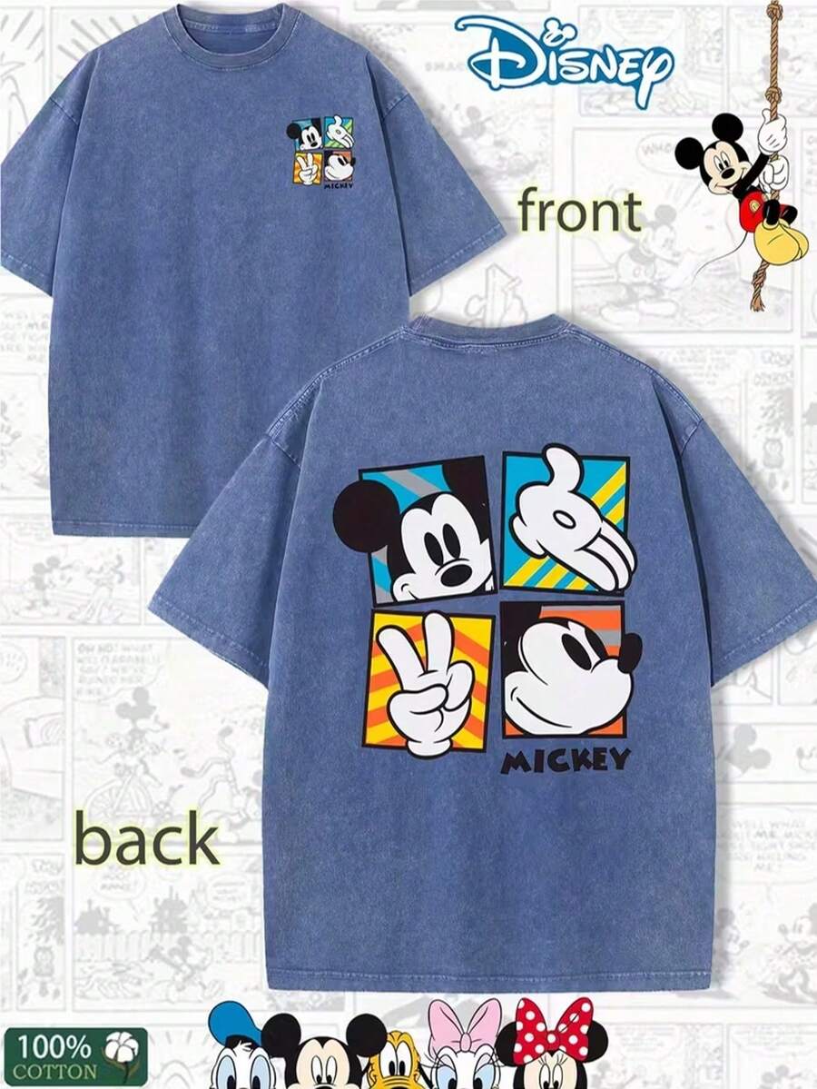 In Summer, The New Disney Officially Authorized Mickey Mouse Mickey Cartoon With Double-Sided Pattern Printing Retro Short-Sleeved T-Shirt 100% Washable Cotton Retro Comfortable Elastic Summer Men's And Women's Fashion Cartoon Element T-Shirt Short Sleeves, Casual Daily Street Style Fashion Men's T-Shirt. - Royal Blue - View 1
