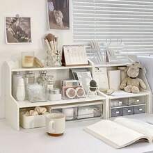 1pc Desktop Storage Rack, Desk Organizer Box, Riser Shelf, Office Supplies Storage Box, Multifunctional Minimalist Computer Monitor Riser Drawer Type Desk Organizer - White - View 2