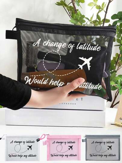 Mesh Nylon Printed Women'S Portable Makeup Bag ,Portable Multipurpose Cosmetic Bag, Airplane Pattern Print Makeup Bag, Women'S Makeup Bag Travel Toilet Organizer,Mesh Travel Toiletry Bag With 'A Change Of Latitude Would Help My Attitude' Quote & Airplane Graphic - Transparent Cosmetic Pouch For Travel, Toiletries, And Organization,Back To School Doctor Teacher Gift