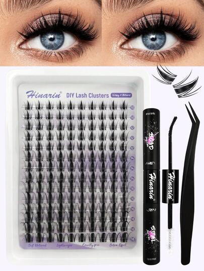 Hinarin 140片C型卷翘仙女睫毛簇，漫画风格单根假睫毛，轻盈飘逸，宽跨度睫毛嫁接套装，含睫毛粘合剂和密封剂，打造湿润闪亮的尖刺睫毛簇，化妆用品