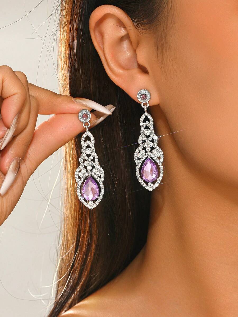 1 Pair Elegant Crystal Water Drop Bridal Wedding Earrings - Mauve Purple - View 1