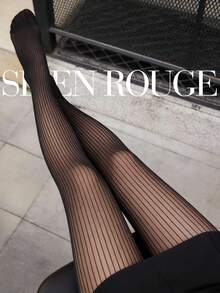 女士竖条纹透明连裤袜 – 修身半透明连裤袜，适合办公室穿着、商务会议、日常通勤、约会之夜、派对和晚间活动 - 黑色 - 查看 6