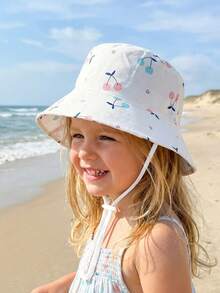 1pc Kids Cartoon Cherry Print Adjustable Windproof Bucket Hat, Sun Protection, Suitable For Spring/Summer, Great For Vacation Gifts - Cherry - View 4