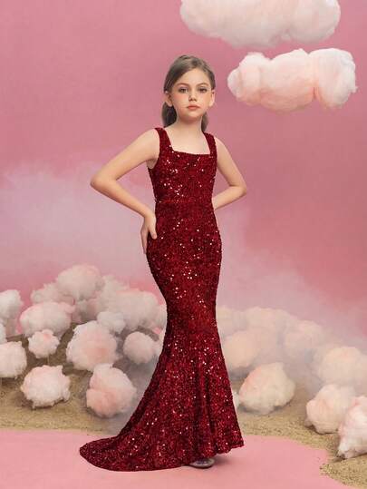  ALISA&LEO Girls' Sequin Mermaid Floor-Length Dress Sleeveless Square Neck Gown For Wedding Junior Bridesmaid, Birthday Party, Prom & Formal Evening