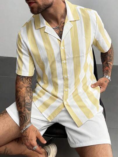 Áo sơ mi nam tay ngắn kẻ sọc vàng trắng, chất liệu cao cấp, nhẹ, kiểu dáng ôm sát, áo sơ mi cài nút thời trang thường ngày, thích hợp cho mặc khi đi nghỉ mát và du lịch.