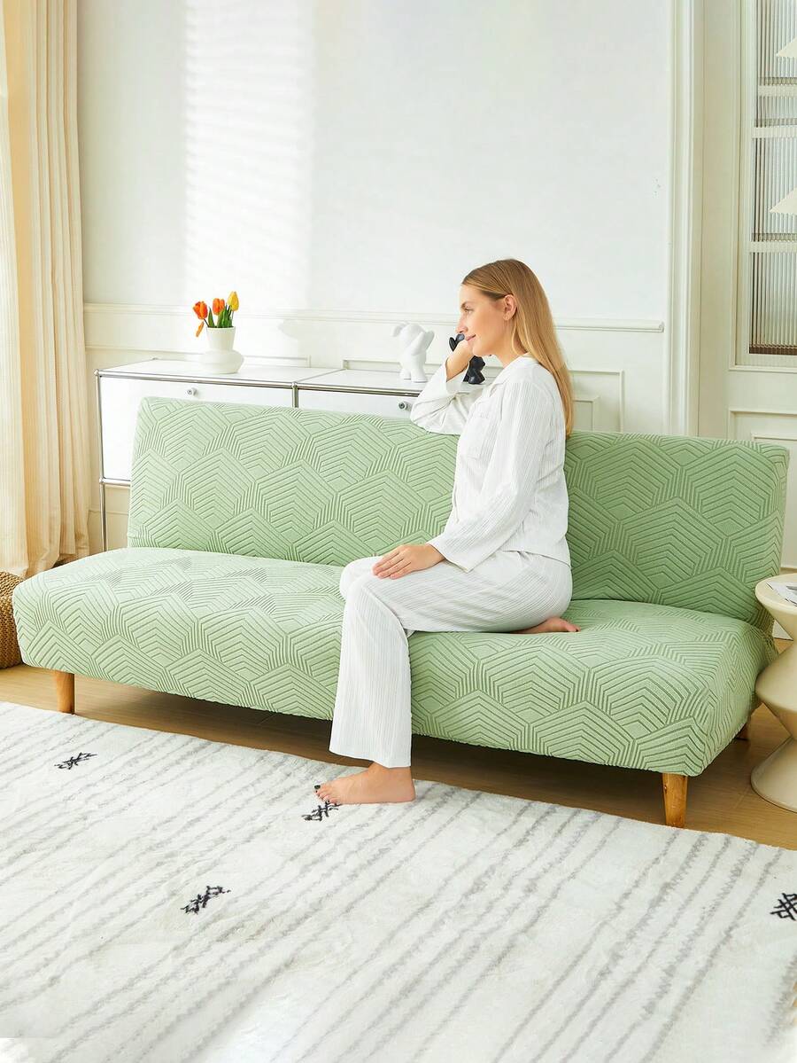 1pc Thickened Plush Jacquard Armless Sofa Bed Cover, Foldable Sofa Bed Slipcover, RV Seat Cover, Elastic Full Coverage Polyester Fiber Armless Sofa Protector, Removable & Washable, All Season - Green - View 1