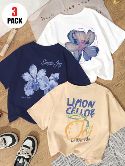 3pcs/Set Girls Casual Crew Neck Short Sleeve T-Shirt, Summer Student Young Clothing - Lovely Floral Lemon Fruit Print T-Shirt Brings Joy And Happiness To Every Child!