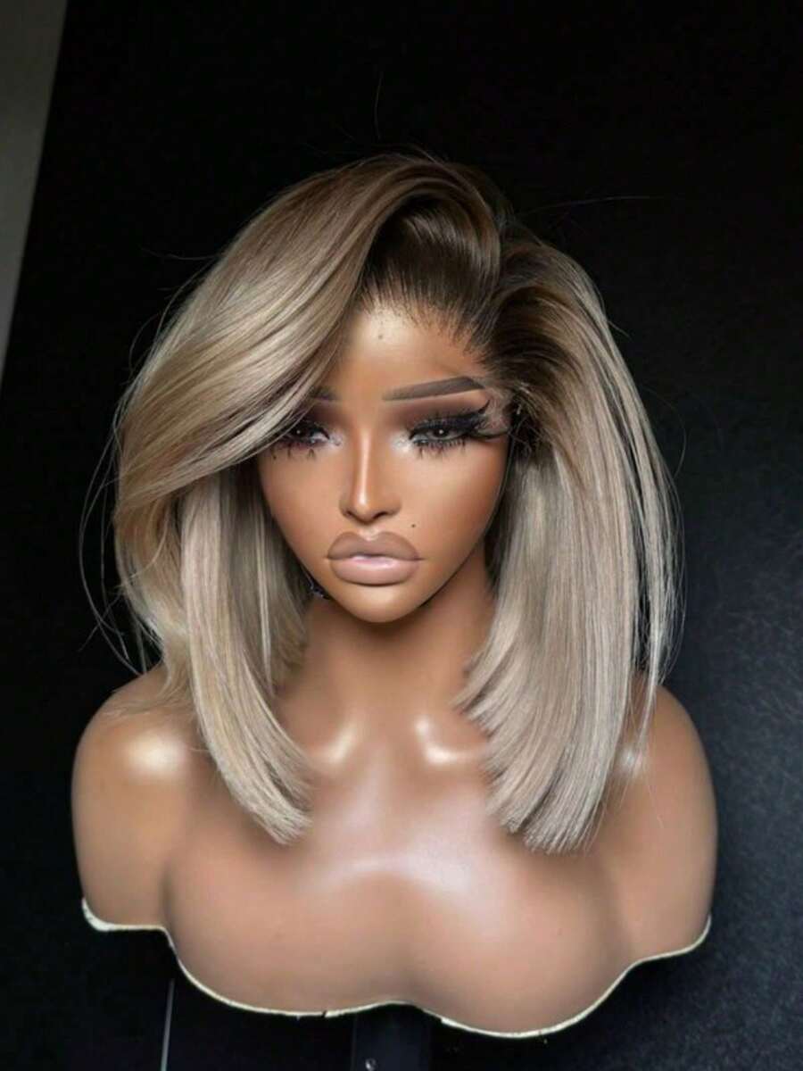 Short Ombre Ash Blonde 13x4 HD Transparent Straight Lace Frontal Wigs With Dark Roots Blonde Colored Glueless Bob Wig Human Hair For Women 250 Density Short Bob Wig Pre Plucked With Natural Hairline - Rooted&Ombre - Xem 1