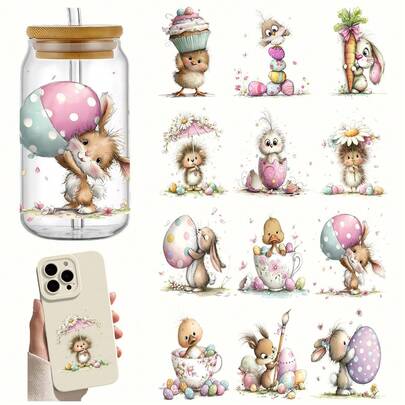 4pcs Watercolor Spring Animals Easter Egg Bunny Themed UV Transfer Stickers - For DIY Crafts, Mugs, Laptops & Water Bottles, Self-Adhesive Plastic Decals, DIY Mug Decoration, Laptop Decals, Holiday Decorations, Festive Designs, Highquality Prints