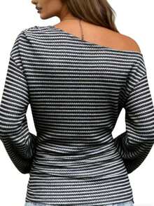 Women's Plus Size Oblique Collar Black & White Ribbed Design Top, Elegant & Comfortable For Daily Commute, Outing, Vacation, Suitable For Spring/Summer - Black and White - View 2