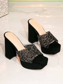 Black Platform Slip-On Sandals, Luxury Black & White Rhinestone Color Block, Transparent Jelly Gel, Chunky Heel, Slip-On, Sexy High Heel Sandals - Black - View 2