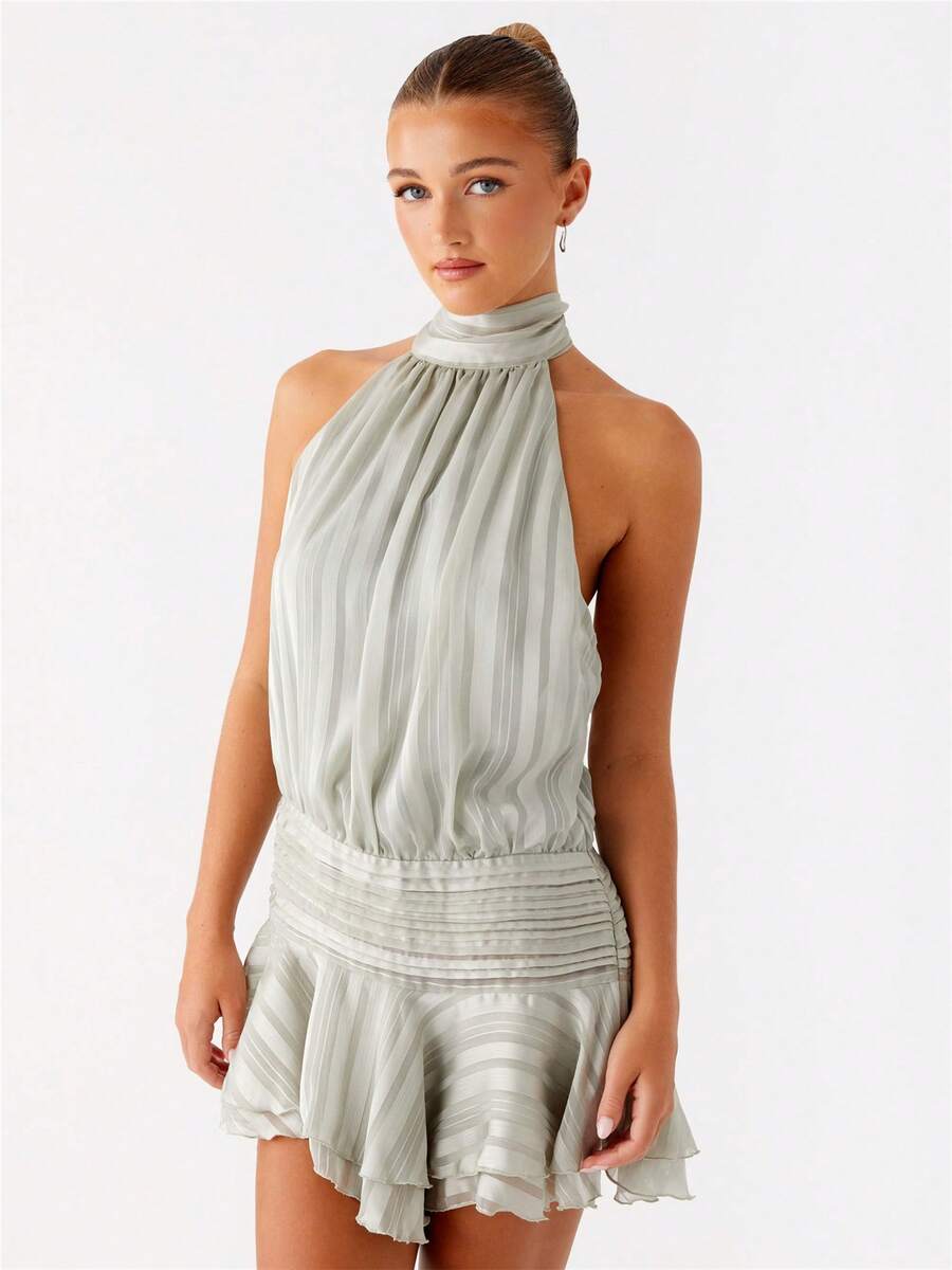Women's Pleated Waist Sheer Mesh Ruffle Mini Dress Summer Casual Halter Neck High Neck Bodycon Short Dress Self-Tie Backless Sundress Party Clubwear - 薄荷綠 - 查看 1