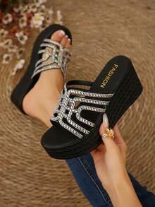 Dép đế xuồng dày dặn trang trí nơ dành cho nữ, dép hở mũi nhẹ, thích hợp cho bãi biển, hoạt động thường ngày và ngoài trời. - màu đen - Xem 4