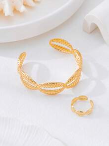 2pcs Fashionable Geometric Cutout Oval Bangle & Ring Set, Suitable For Women's Daily And Party Wear - Gold - View 3