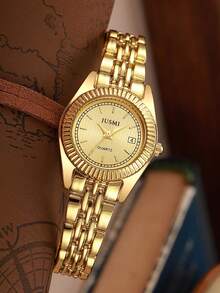 1pc Luxury All-Gold Women's Watch, Calendar Function Steel Strap, Fashionable & Versatile Quartz Wristwatch - Multicolor - View 1