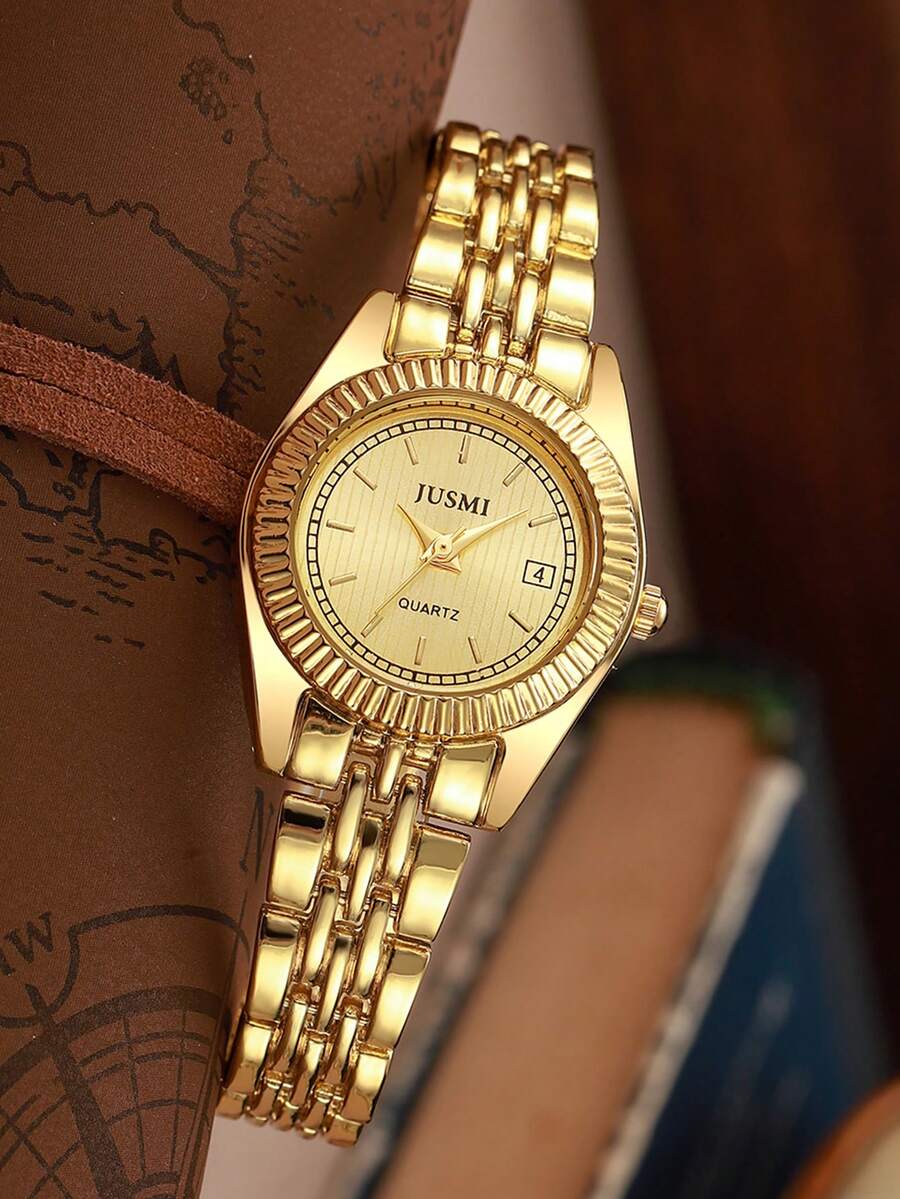 1pc Luxury All-Gold Women's Watch, Calendar Function Steel Strap, Fashionable & Versatile Quartz Wristwatch - Multicolor - View 1