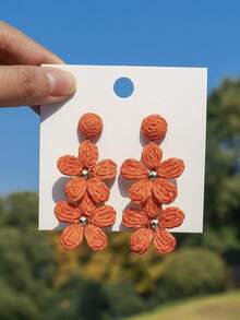 OOQ 一对手工波西米亚渐变色拉菲草花朵耳环，夏季小众设计简约高端流苏花朵耳环，适合女性日常、度假、派对佩戴 - 桔色 - 查看 4