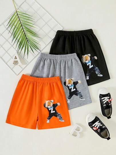 3条装男童可爱卡通熊印花休闲短裤 - 松紧腰带，适合夏季假期和日常玩耍，适合4-7岁儿童，非常适合户外活动