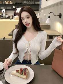 New Sexy Niche Tie-Up Frill Trim Hollow Out Knit Cardigan Jacket For Women, Spring/Summer - Milky White - View 5